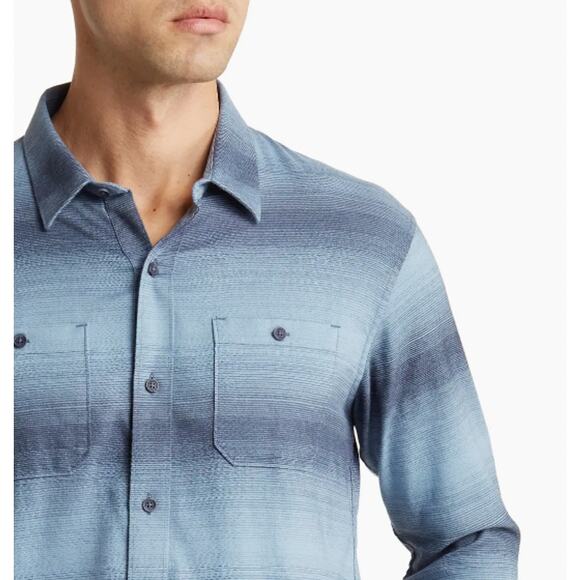 Travis Mathew Good Luck Stripe Micro Flannel Shirt Mens Sz Small Blue Nights - Picture 2 of 5